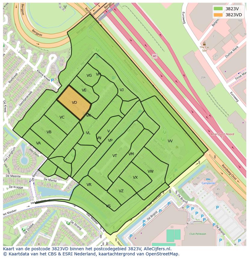 Afbeelding van het postcodegebied 3823 VD op de kaart.