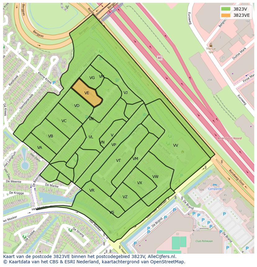 Afbeelding van het postcodegebied 3823 VE op de kaart.