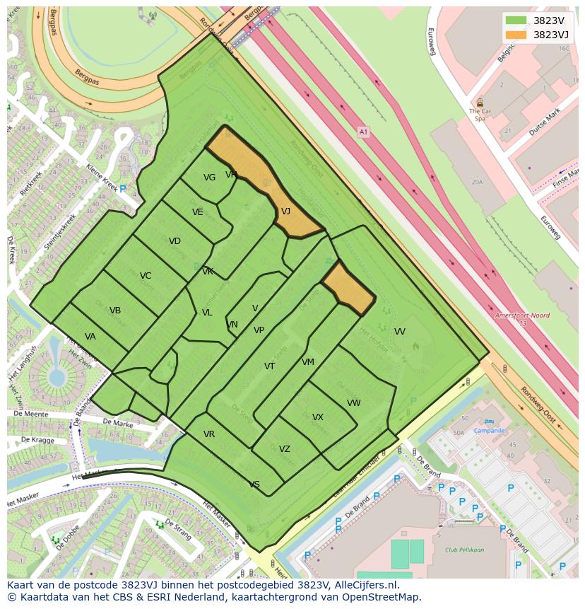Afbeelding van het postcodegebied 3823 VJ op de kaart.