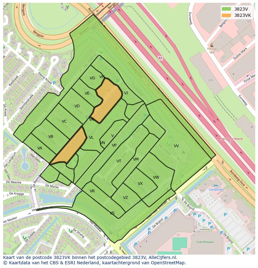 Afbeelding van het postcodegebied 3823 VK op de kaart.