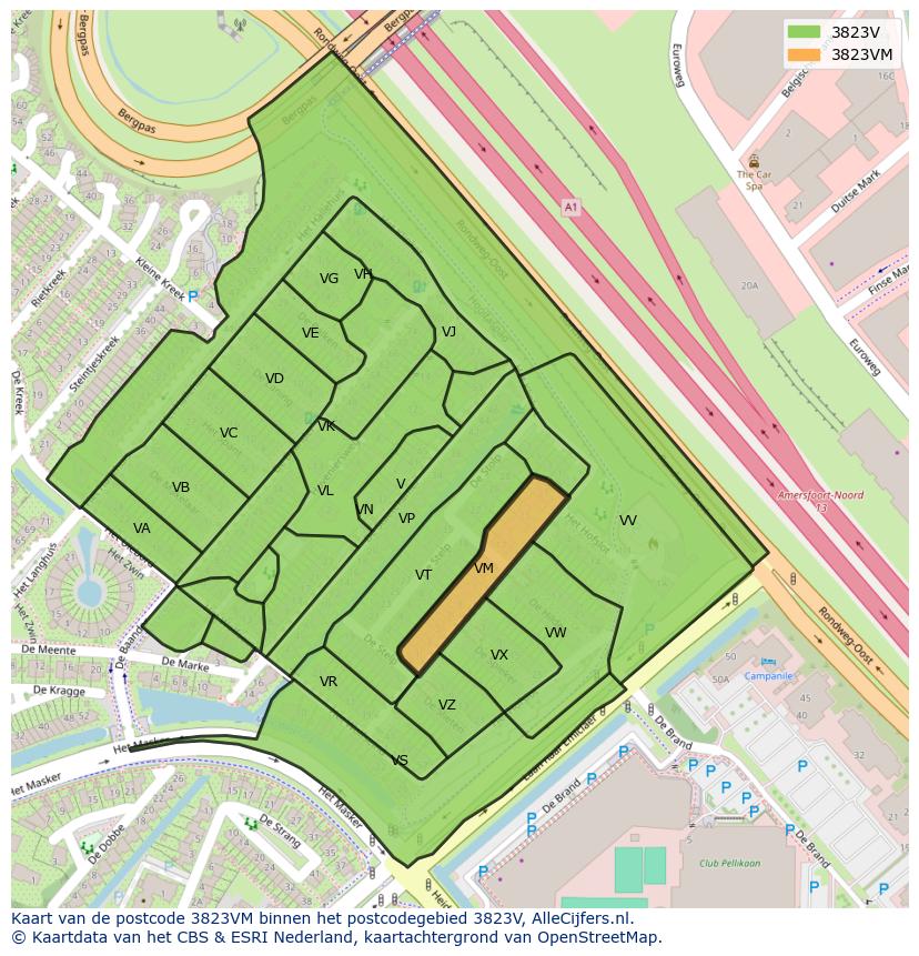 Afbeelding van het postcodegebied 3823 VM op de kaart.