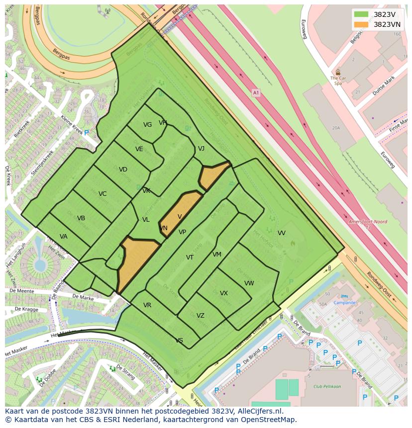 Afbeelding van het postcodegebied 3823 VN op de kaart.