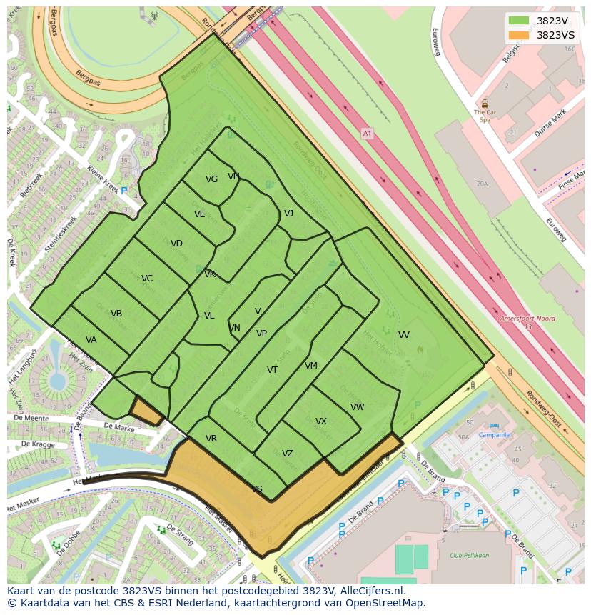 Afbeelding van het postcodegebied 3823 VS op de kaart.