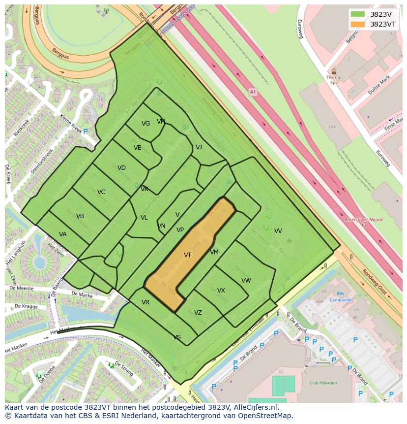 Afbeelding van het postcodegebied 3823 VT op de kaart.