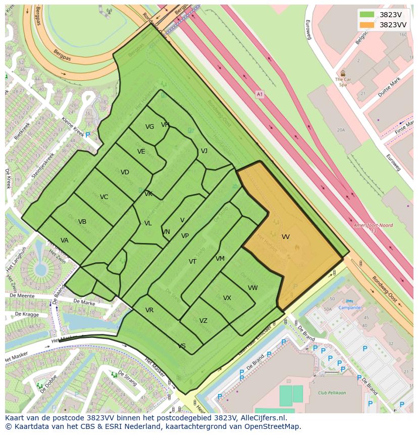Afbeelding van het postcodegebied 3823 VV op de kaart.