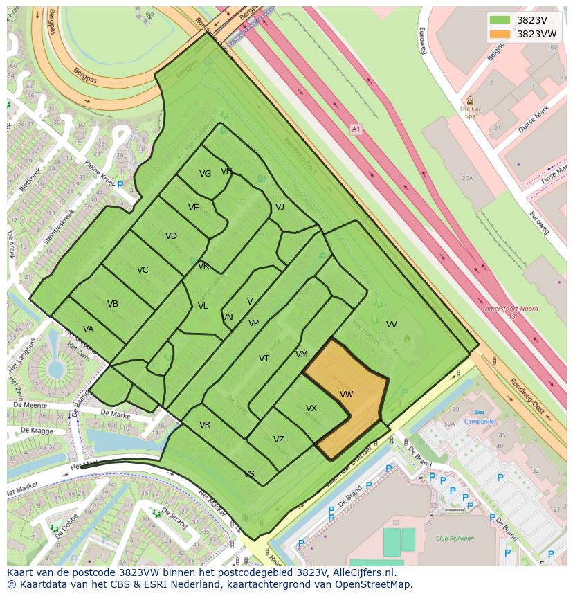Afbeelding van het postcodegebied 3823 VW op de kaart.
