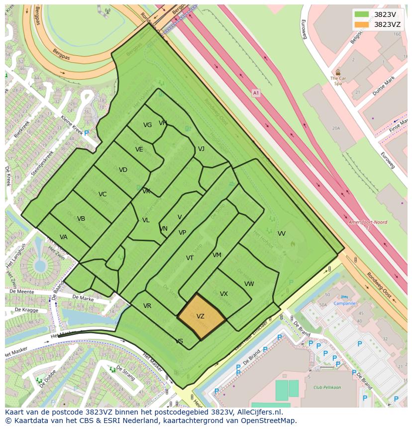 Afbeelding van het postcodegebied 3823 VZ op de kaart.