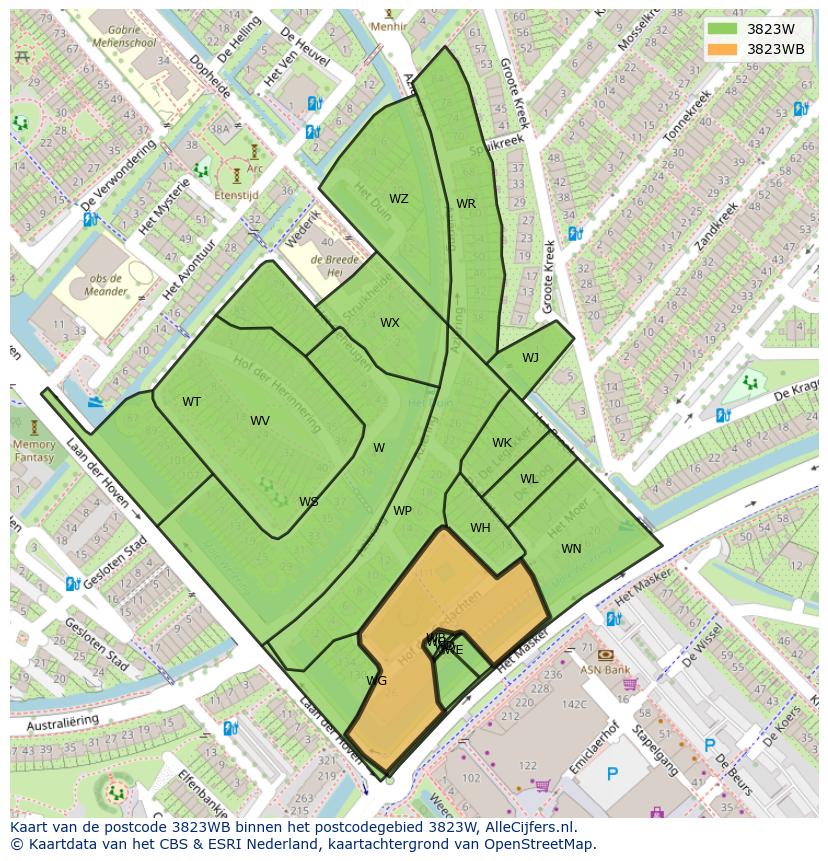Afbeelding van het postcodegebied 3823 WB op de kaart.