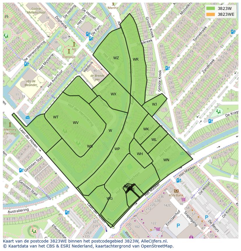Afbeelding van het postcodegebied 3823 WE op de kaart.