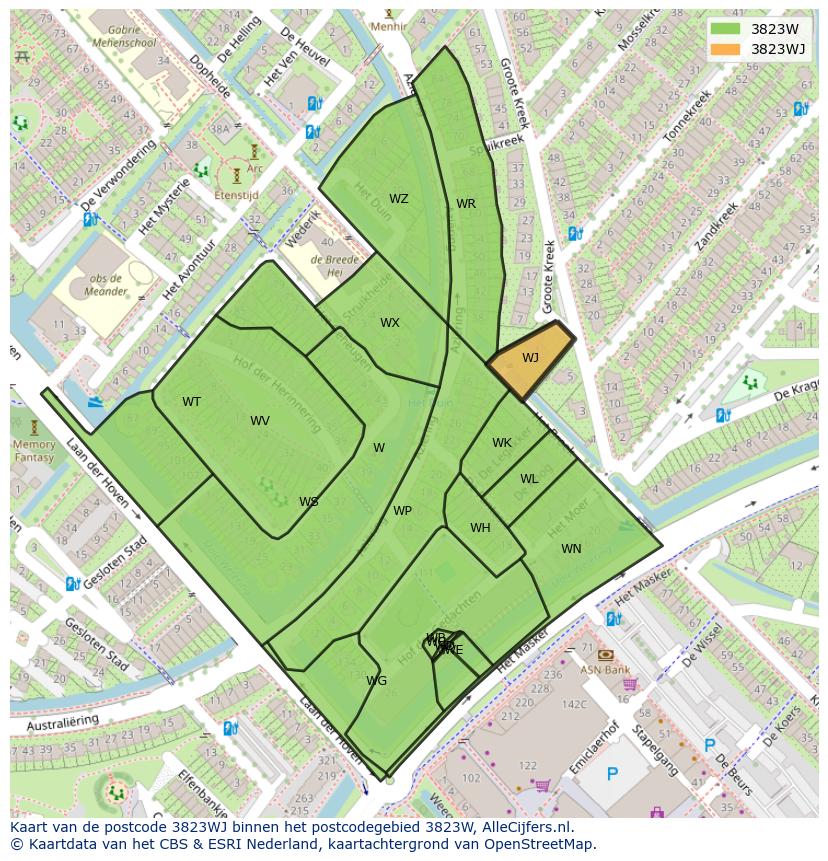 Afbeelding van het postcodegebied 3823 WJ op de kaart.