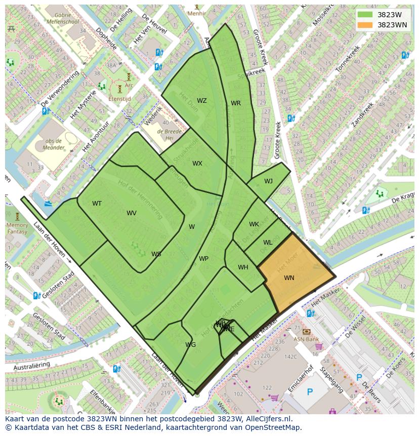 Afbeelding van het postcodegebied 3823 WN op de kaart.