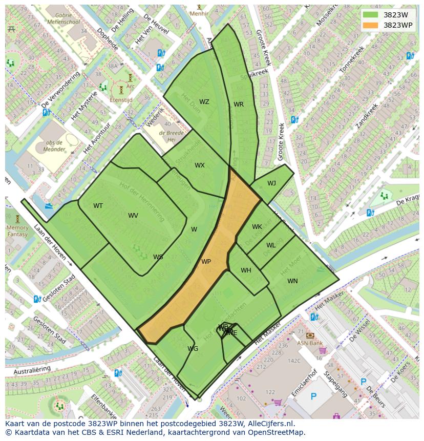 Afbeelding van het postcodegebied 3823 WP op de kaart.
