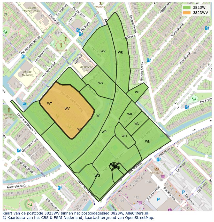 Afbeelding van het postcodegebied 3823 WV op de kaart.