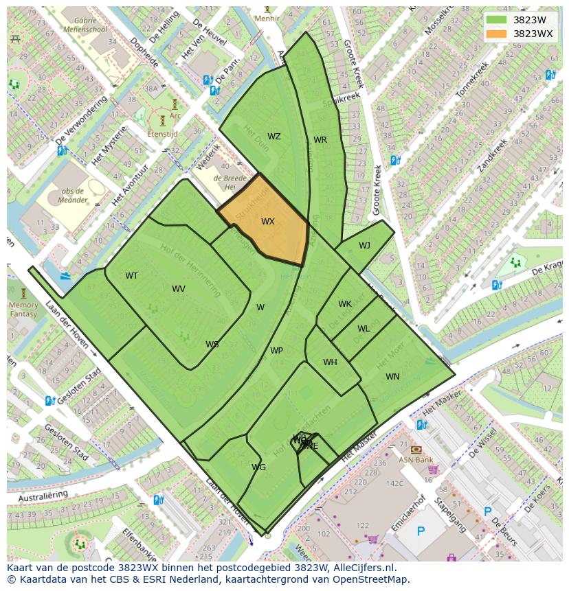 Afbeelding van het postcodegebied 3823 WX op de kaart.