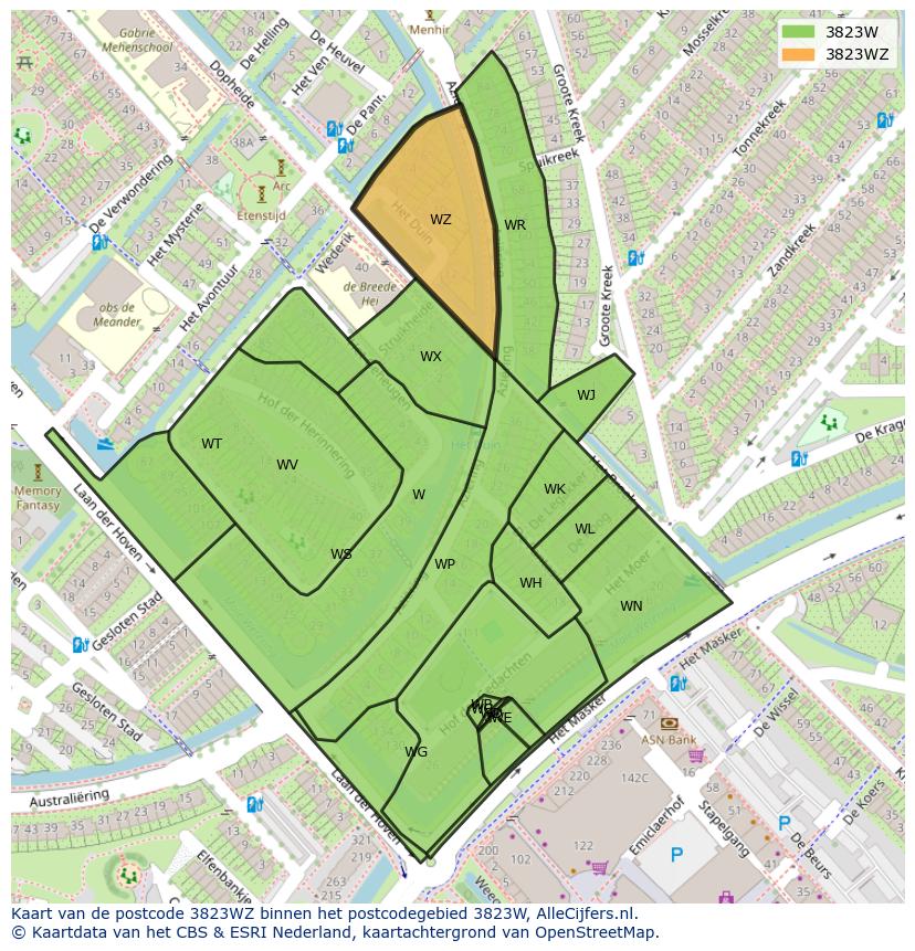 Afbeelding van het postcodegebied 3823 WZ op de kaart.