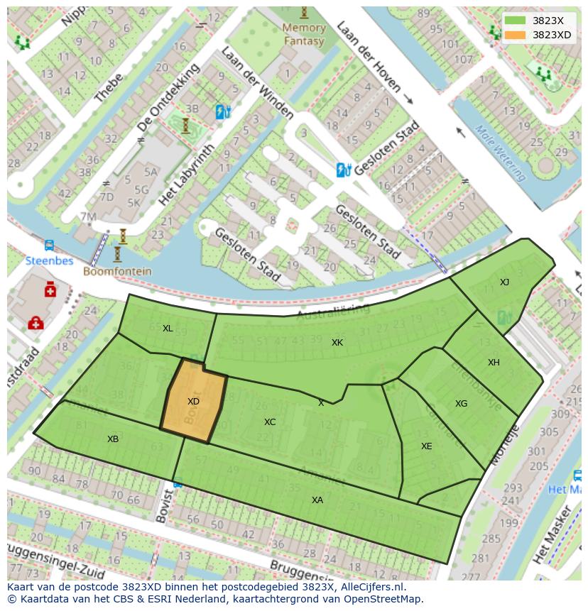 Afbeelding van het postcodegebied 3823 XD op de kaart.