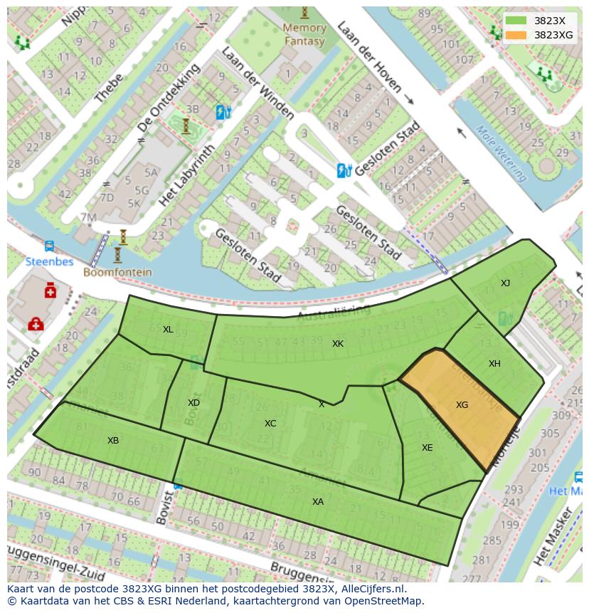 Afbeelding van het postcodegebied 3823 XG op de kaart.