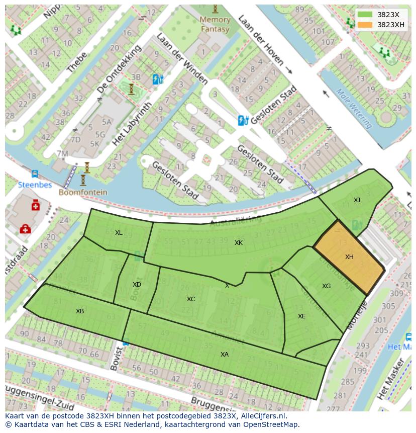 Afbeelding van het postcodegebied 3823 XH op de kaart.
