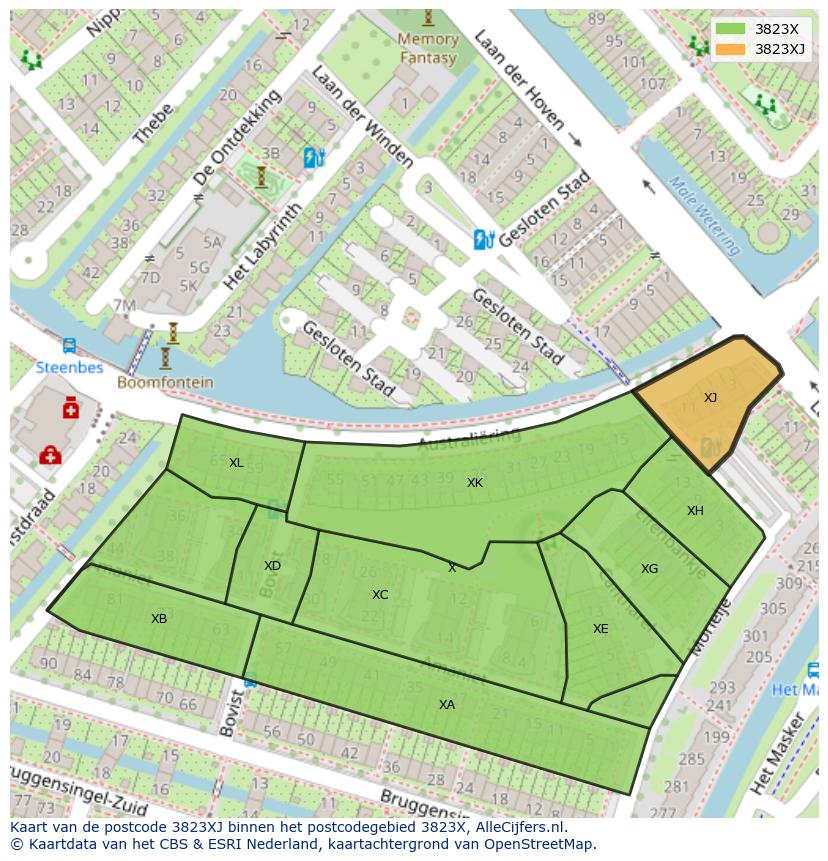 Afbeelding van het postcodegebied 3823 XJ op de kaart.
