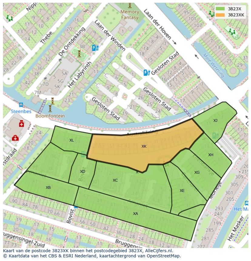 Afbeelding van het postcodegebied 3823 XK op de kaart.