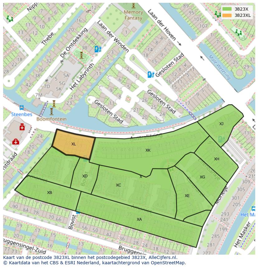 Afbeelding van het postcodegebied 3823 XL op de kaart.