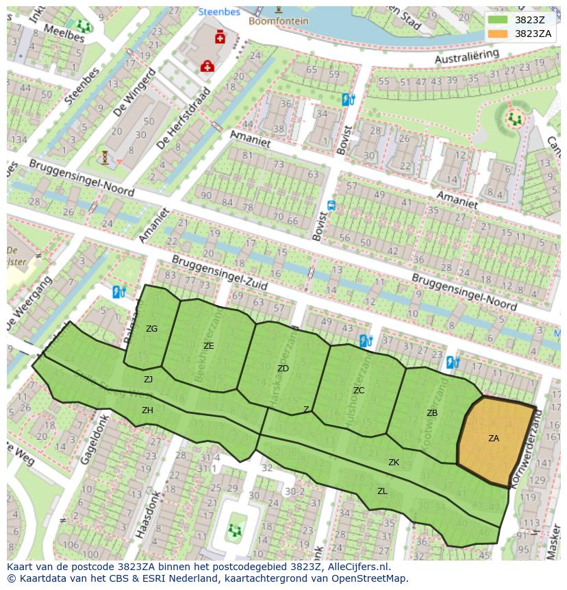 Afbeelding van het postcodegebied 3823 ZA op de kaart.