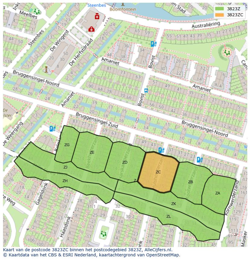 Afbeelding van het postcodegebied 3823 ZC op de kaart.