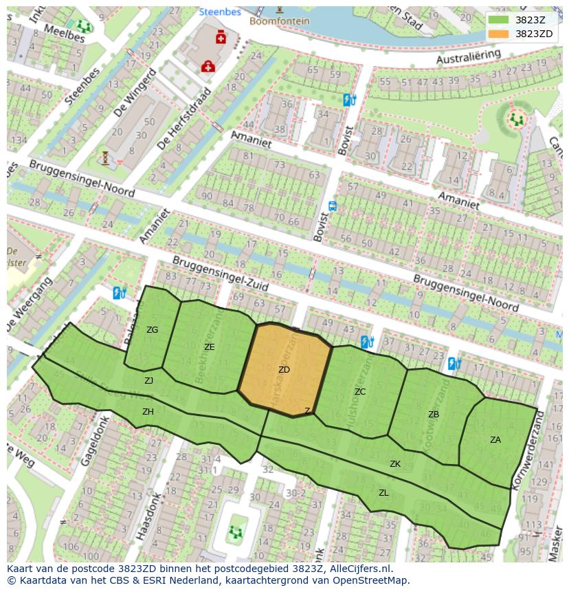 Afbeelding van het postcodegebied 3823 ZD op de kaart.