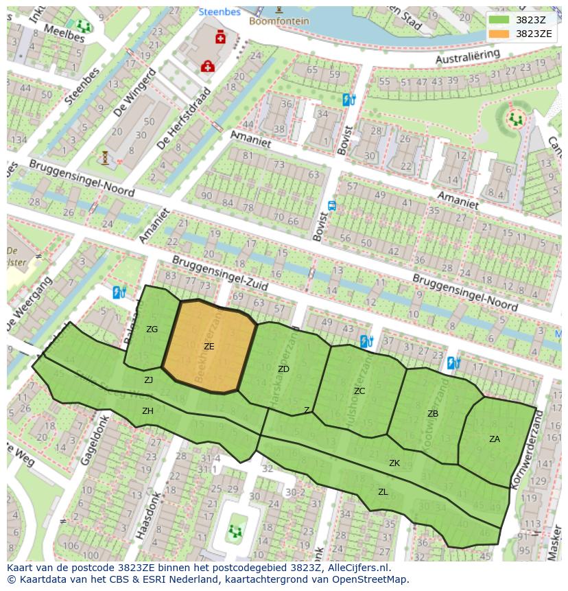 Afbeelding van het postcodegebied 3823 ZE op de kaart.