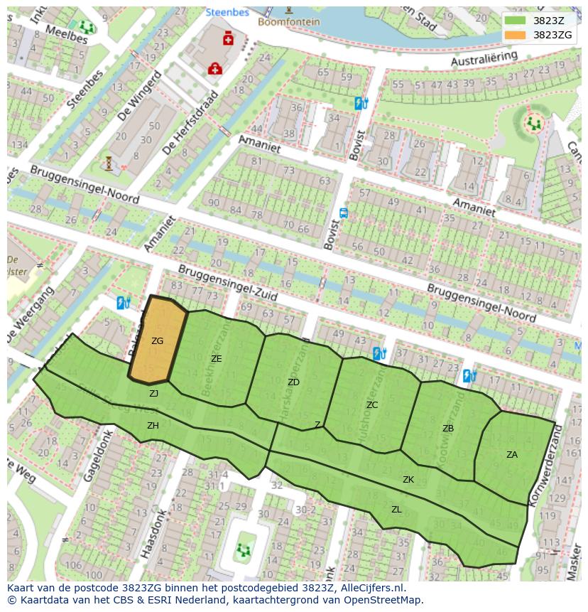 Afbeelding van het postcodegebied 3823 ZG op de kaart.