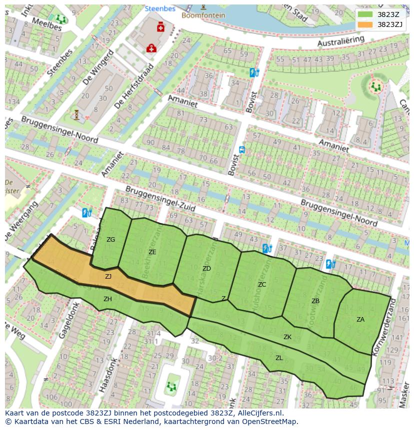 Afbeelding van het postcodegebied 3823 ZJ op de kaart.