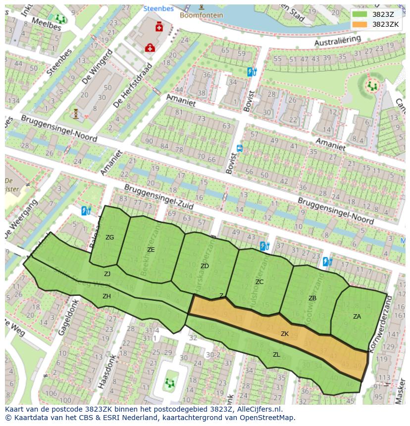 Afbeelding van het postcodegebied 3823 ZK op de kaart.