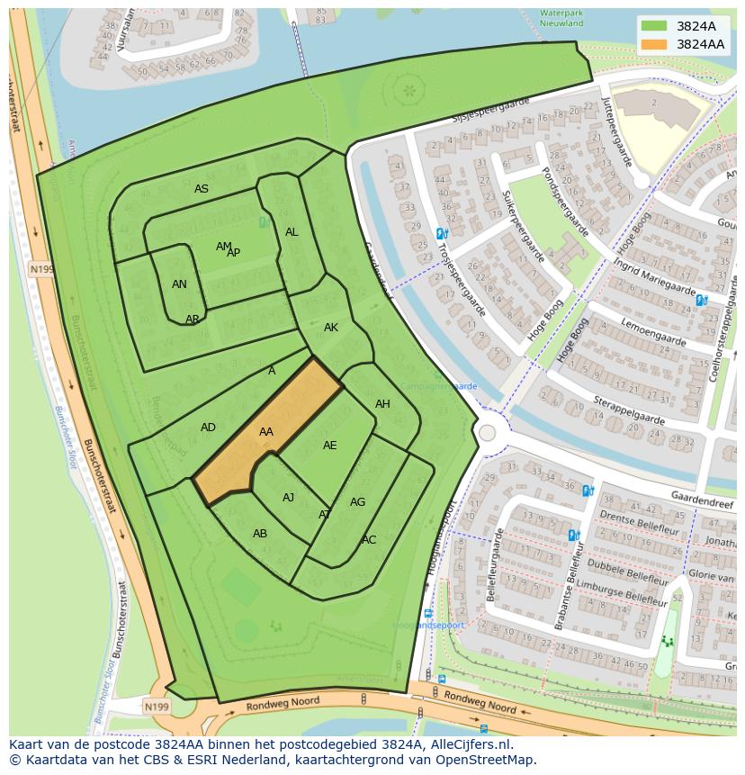 Afbeelding van het postcodegebied 3824 AA op de kaart.
