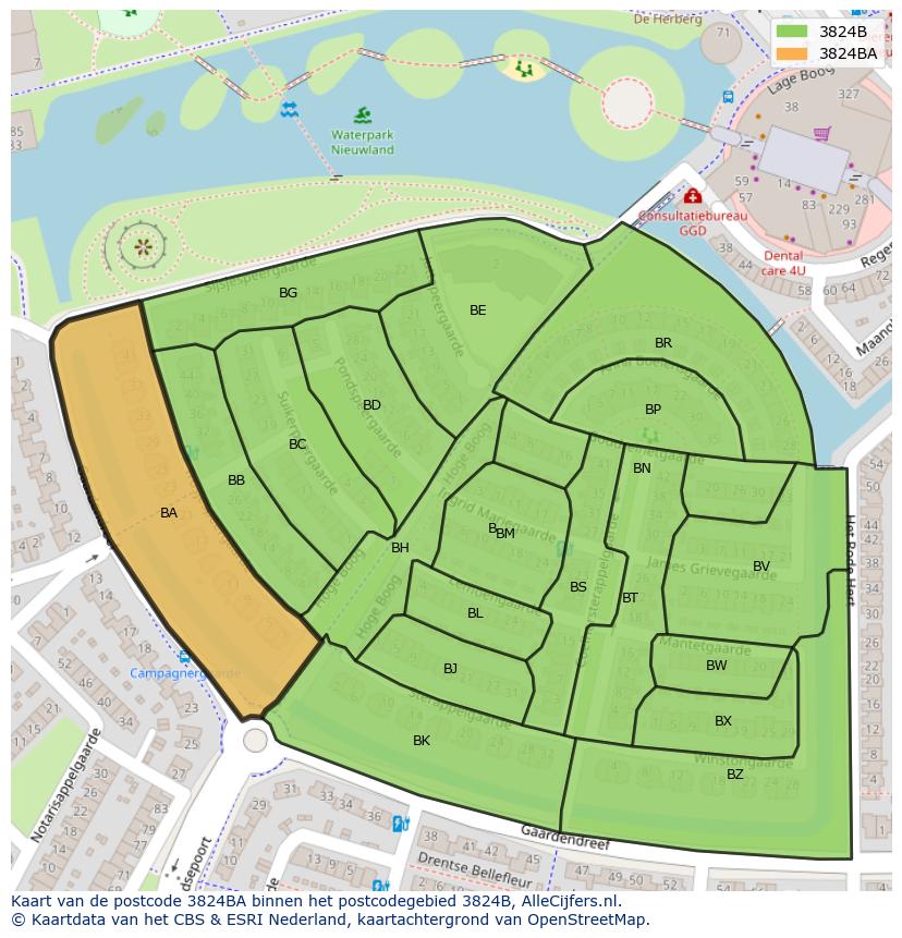 Afbeelding van het postcodegebied 3824 BA op de kaart.
