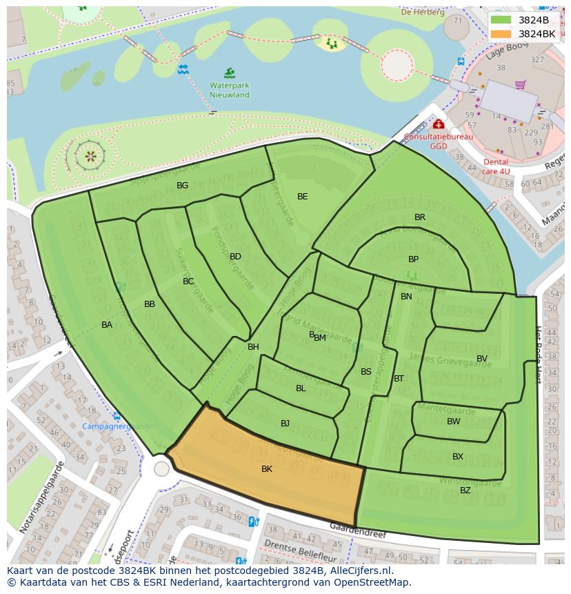 Afbeelding van het postcodegebied 3824 BK op de kaart.