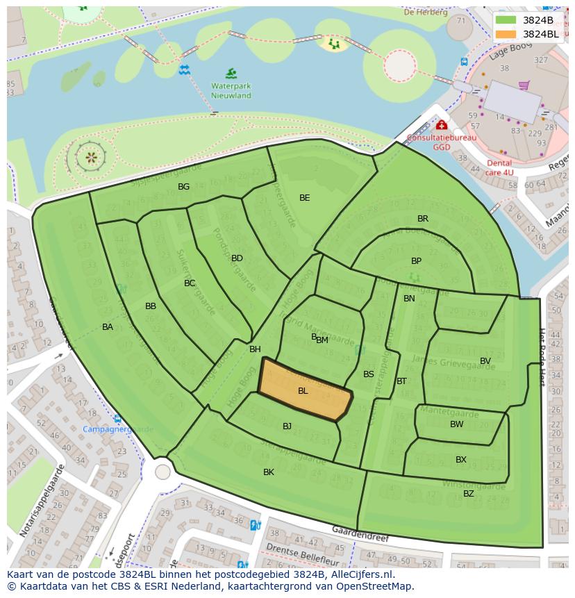 Afbeelding van het postcodegebied 3824 BL op de kaart.