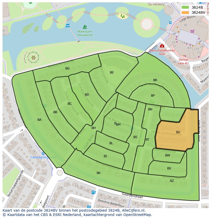 Afbeelding van het postcodegebied 3824 BV op de kaart.