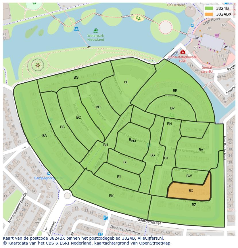Afbeelding van het postcodegebied 3824 BX op de kaart.
