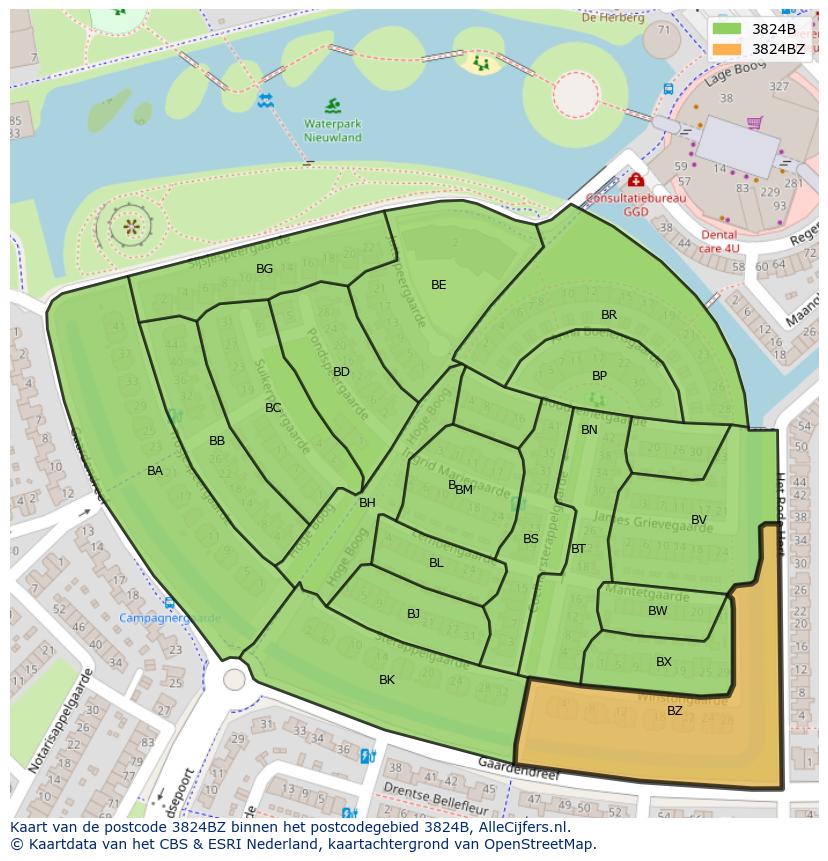 Afbeelding van het postcodegebied 3824 BZ op de kaart.