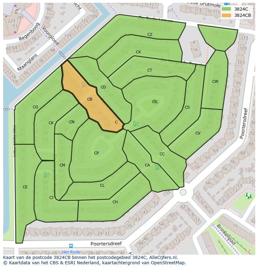 Afbeelding van het postcodegebied 3824 CB op de kaart.