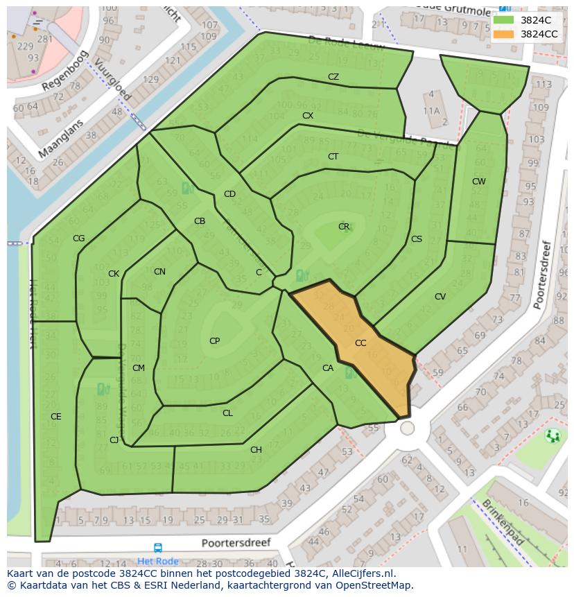 Afbeelding van het postcodegebied 3824 CC op de kaart.