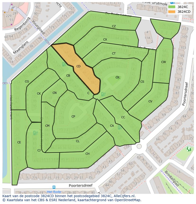 Afbeelding van het postcodegebied 3824 CD op de kaart.