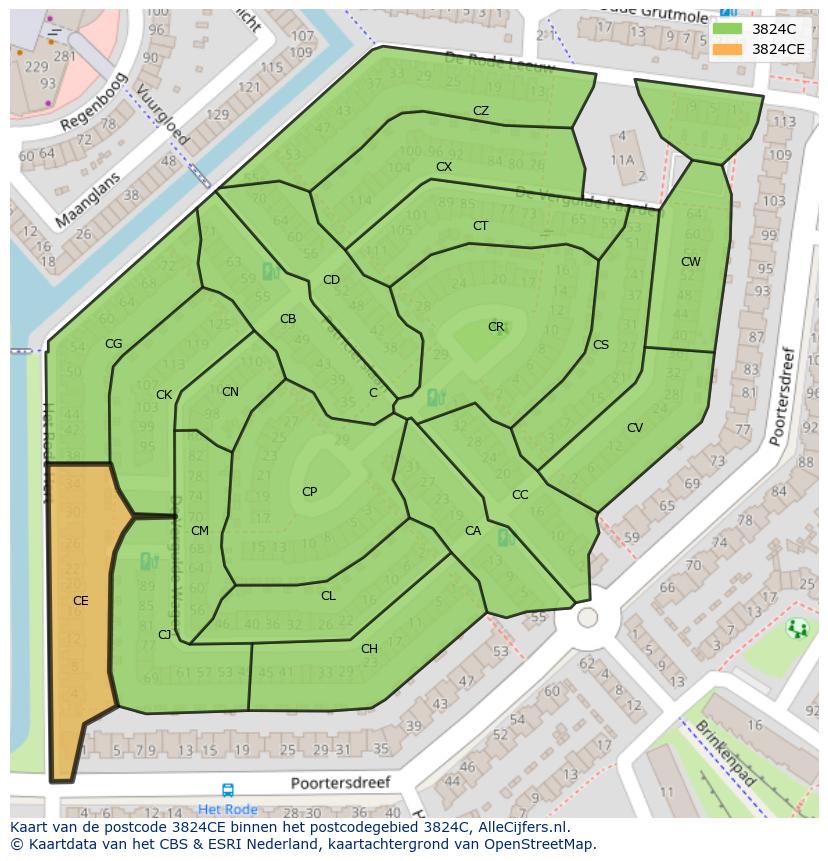 Afbeelding van het postcodegebied 3824 CE op de kaart.