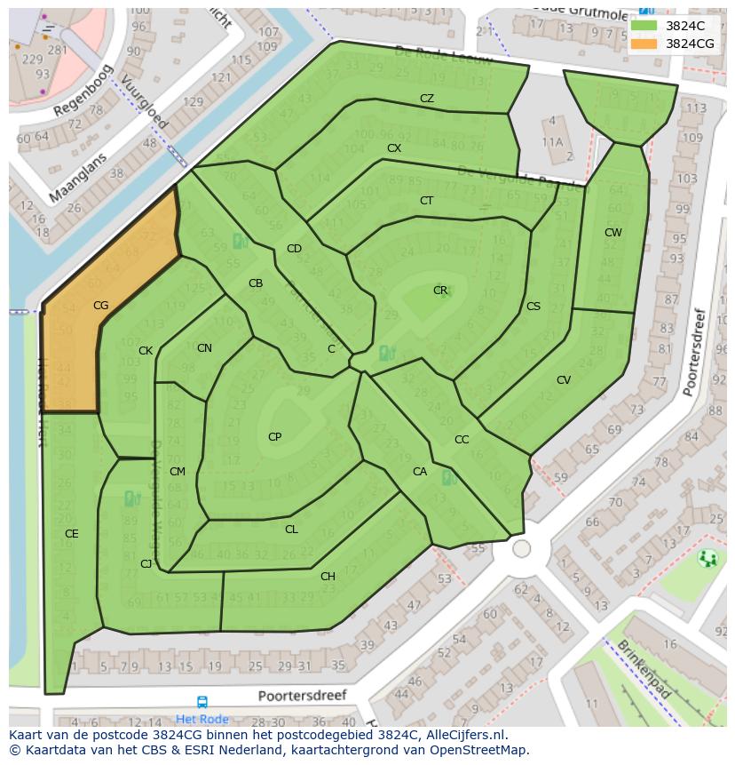 Afbeelding van het postcodegebied 3824 CG op de kaart.