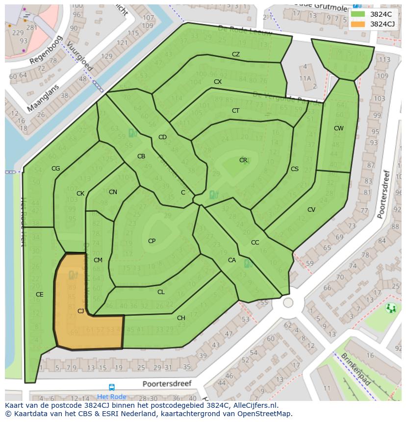 Afbeelding van het postcodegebied 3824 CJ op de kaart.