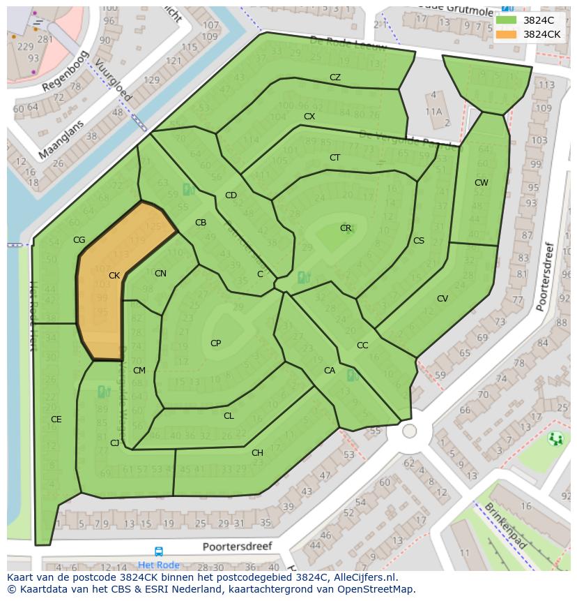 Afbeelding van het postcodegebied 3824 CK op de kaart.