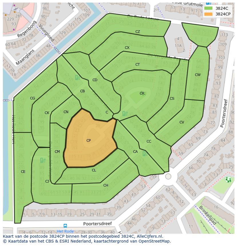 Afbeelding van het postcodegebied 3824 CP op de kaart.