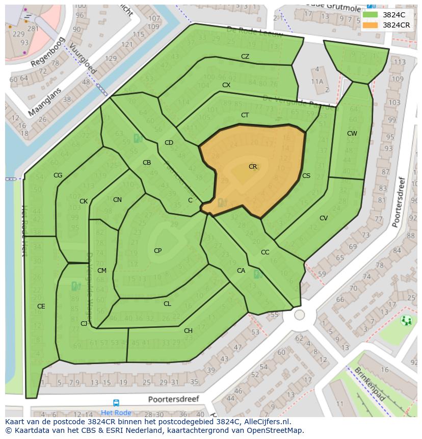 Afbeelding van het postcodegebied 3824 CR op de kaart.