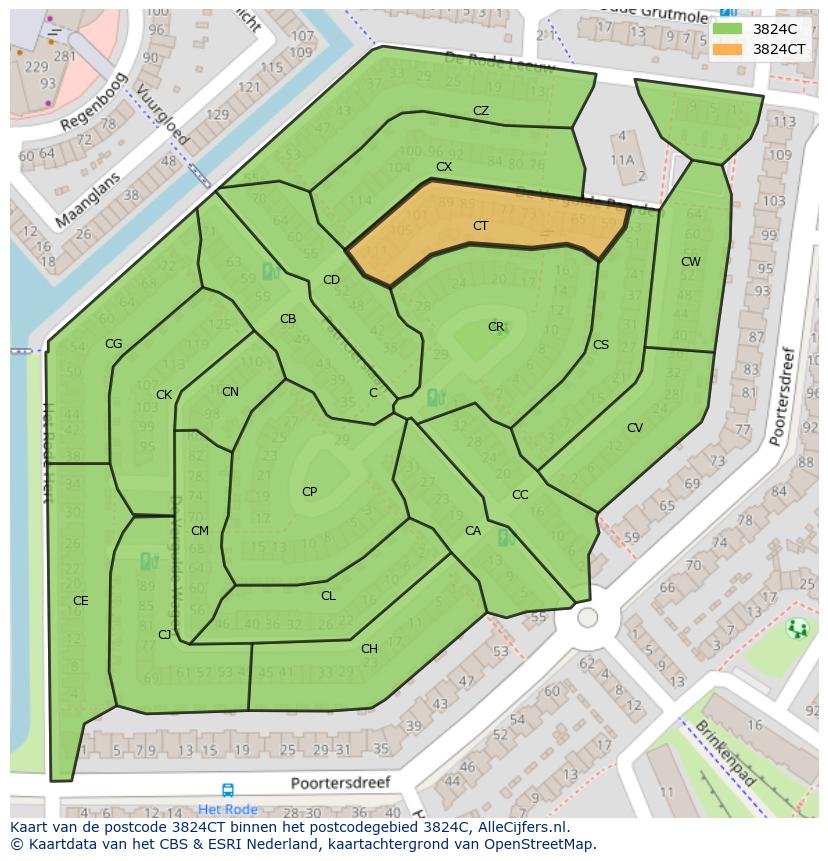 Afbeelding van het postcodegebied 3824 CT op de kaart.