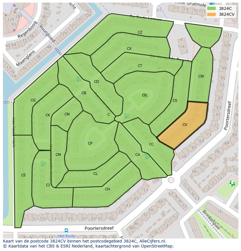 Afbeelding van het postcodegebied 3824 CV op de kaart.